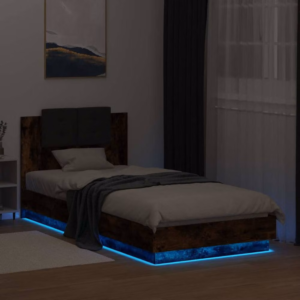 Berkfield Home Modern Bed Frame with Under-Bed LED Lighting in Smoked Oak Brown, W: 80 cm, L: 200 cm – 3