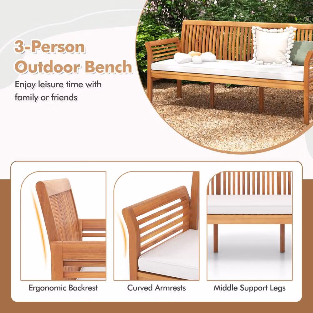 Costway 3-Person Acacia Wood Garden Bench with Armrests and White Polyester Seat Cushions, 159 cm Wide – 6