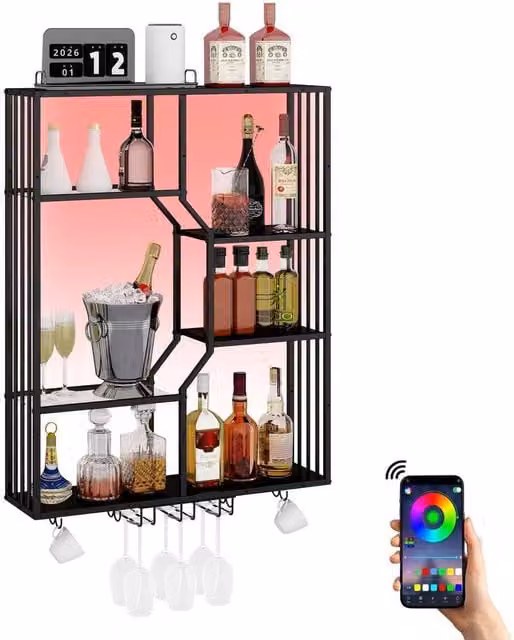 FORGEVIO Wall Mounted Metal Wine Rack with Integrated RGB Lighting in Black