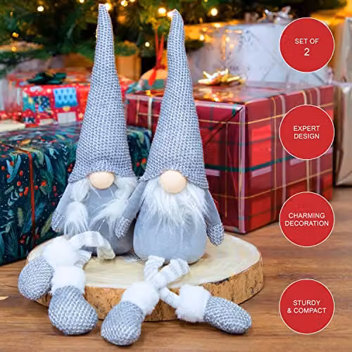 The Christmas Workshop 2-Pack Grey and White Felt Gnome Ornaments with Hanging Legs – 2