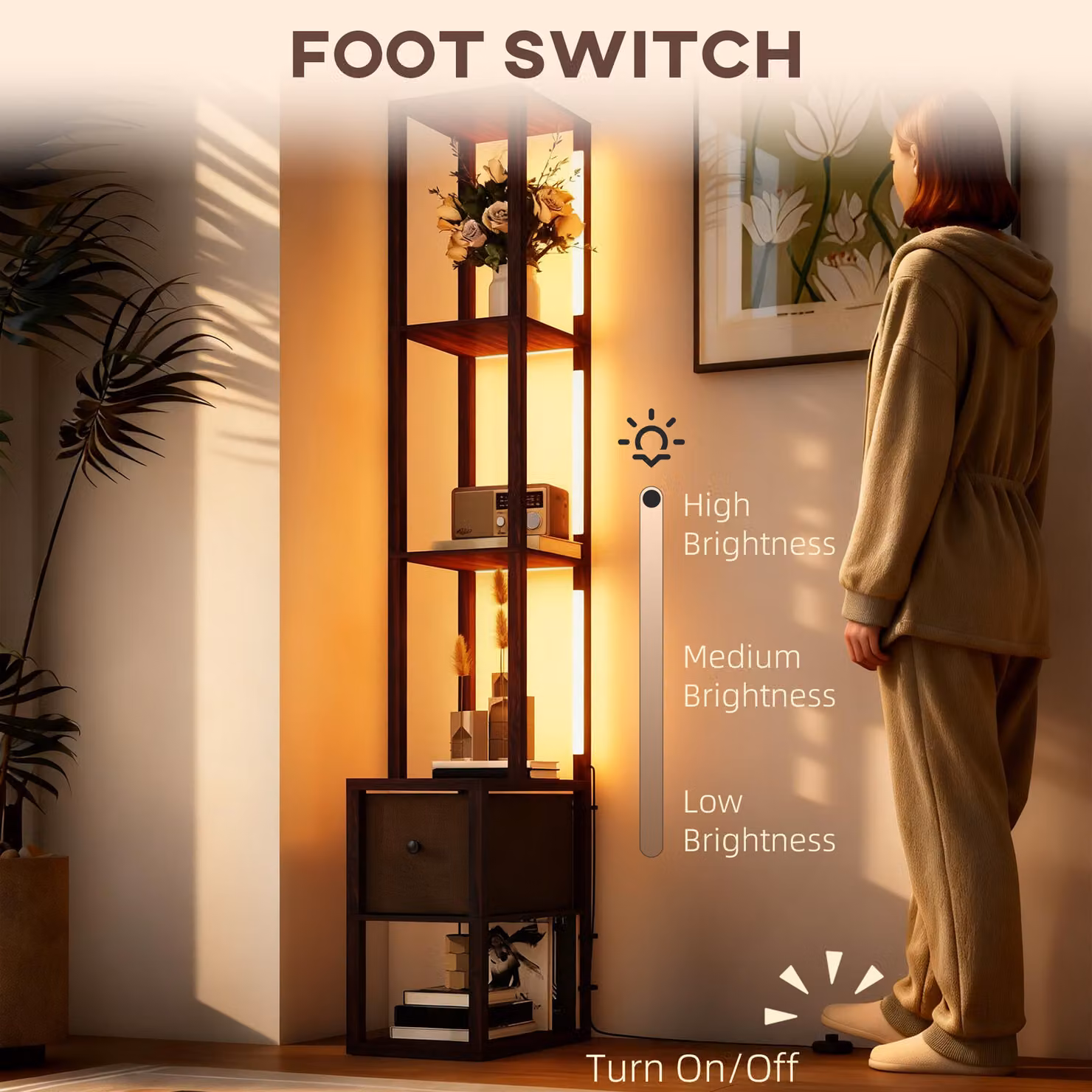 HOMCOM Modern LED Floor Lamp with Shelves and Fabric Drawer, Dimmable Warm White Column Standing Lamp in Dark Brown, H 169 x W 26.5 x D 26.5 cm – 6