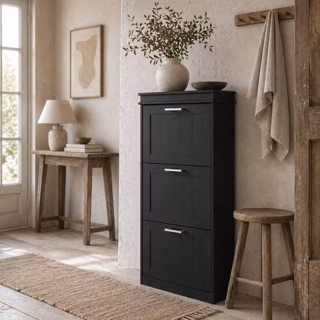 Wyld Haus Kaso Black 3 Drawer Slim Shoe Cabinet with Tilting Compartments and Adjustable Internal Shelves, W/D/H: 54 x 24 x 117.5 cm – 1