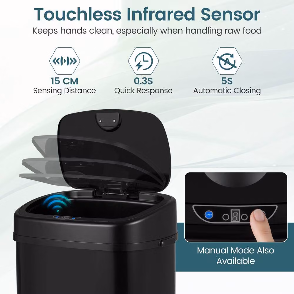 Costway 68L Infrared Motion Sensor Garbage Can with Dual-Zone Design and Soft-Close Lid in Black – 6