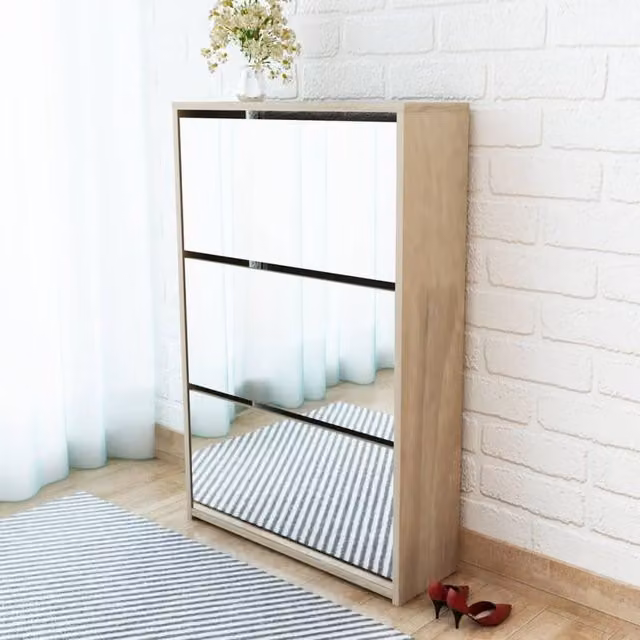 Berkfield Home 3-Layer Oak Shoe Cabinet with Mirror in Brown, W: 63 cm, D: 17 cm, H: 102.5 cm