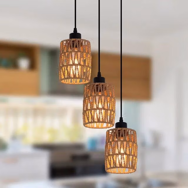 Garwarm 3-Light Rattan Farmhouse Cluster Pendant Light in Natural Brown – 1