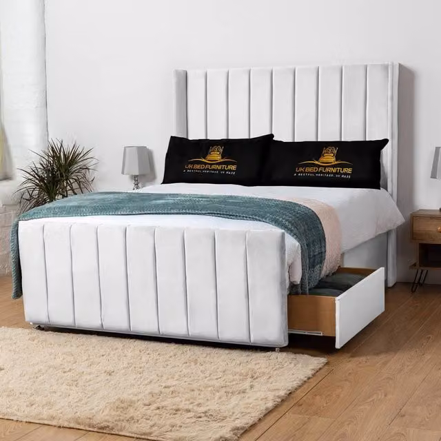 UK Bed Furniture Seoul Wingback Divan Bed with 54 Inch Headboard and 2 Drawers in White, Super King, W/D/H: 200 x 160 x 137.16 cm