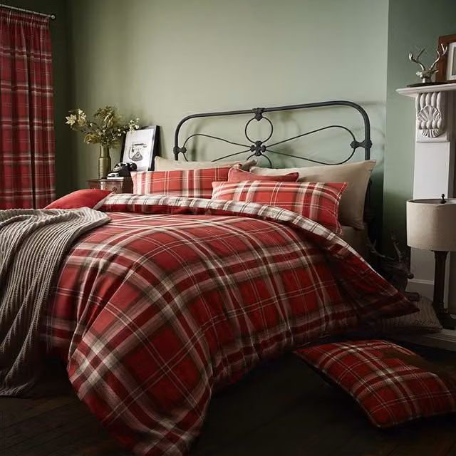 Catherine Lansfield Kelso Check Reversible Red Duvet Cover and Pillowcase Set, W/D/H: 200 x 200 cm and 50 x 75 cm