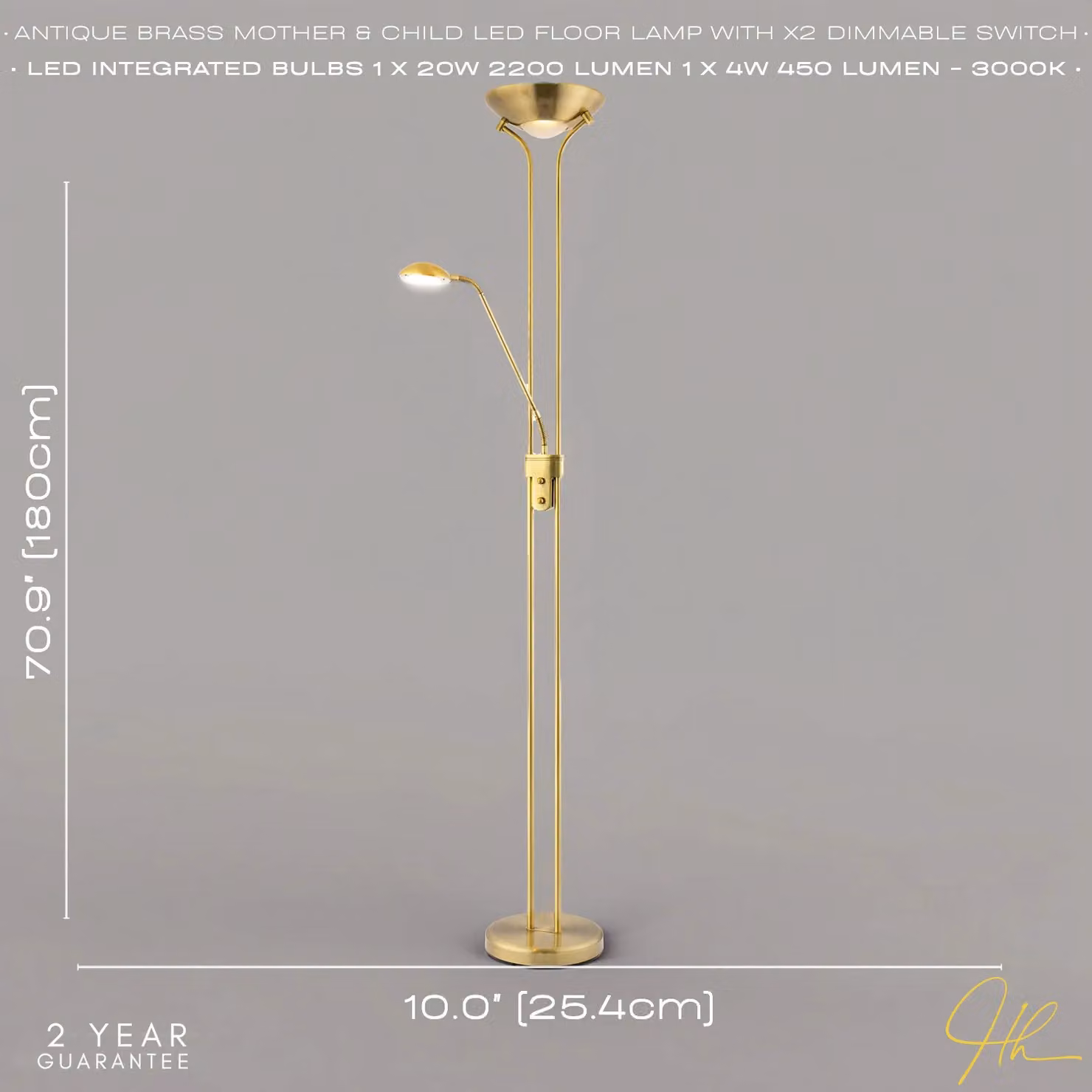 Happy Homewares LED Mother and Child Floor Lamp in Gold/Brass with Rotary Dimmer and Reading Light – 3