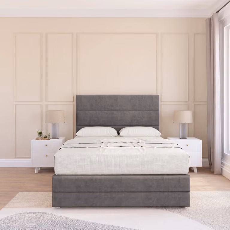Sloomy Monaco Upholstered Bed Base with 54 inch Floor Standing Headboard and 12 inch Footboard in Grey, Super King, W/D/H: 200 x 200 cm