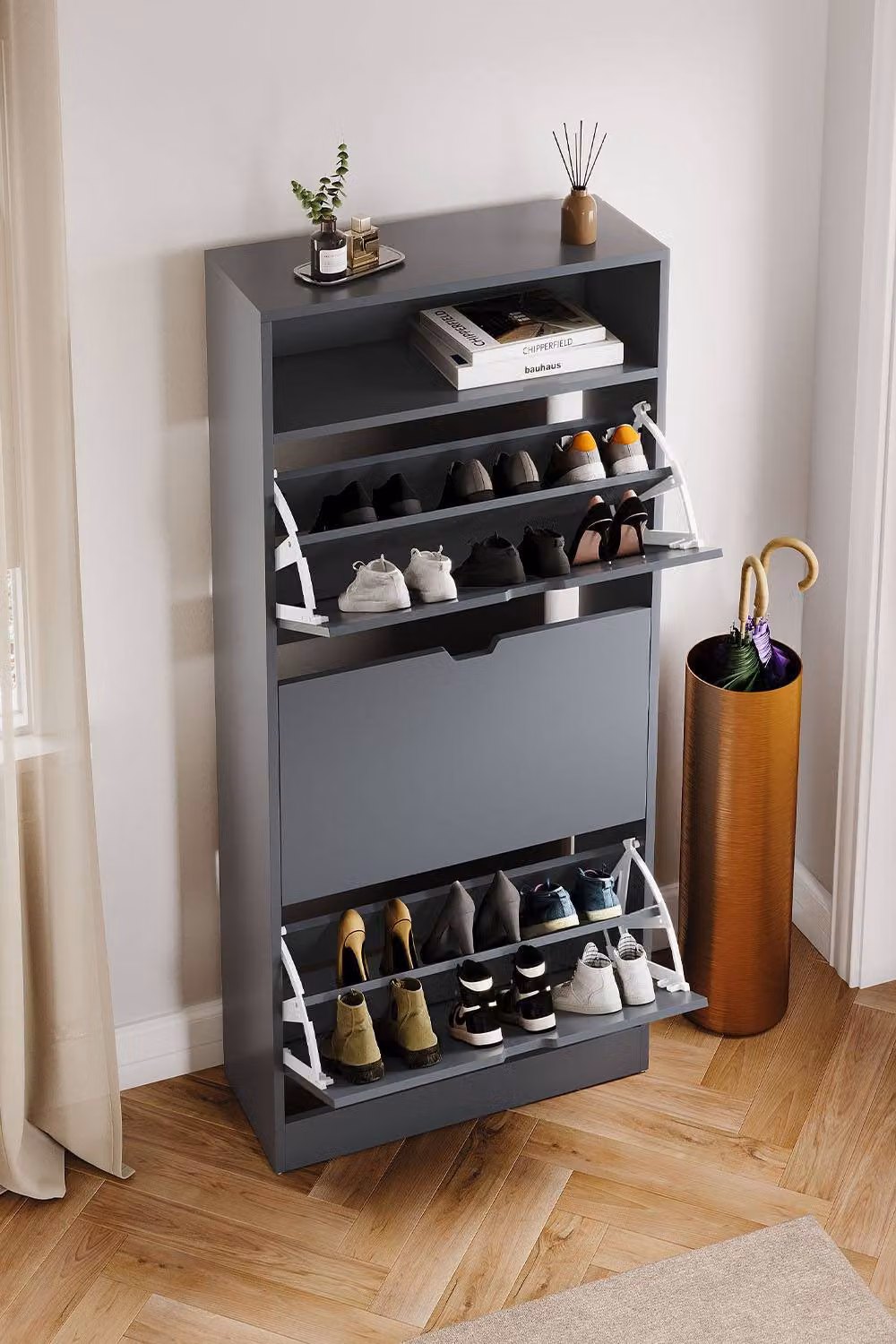 HD Designs Modern Grey 3 Drawer Shoe Cabinet with Tilting Compartments and Internal Shelves – 6