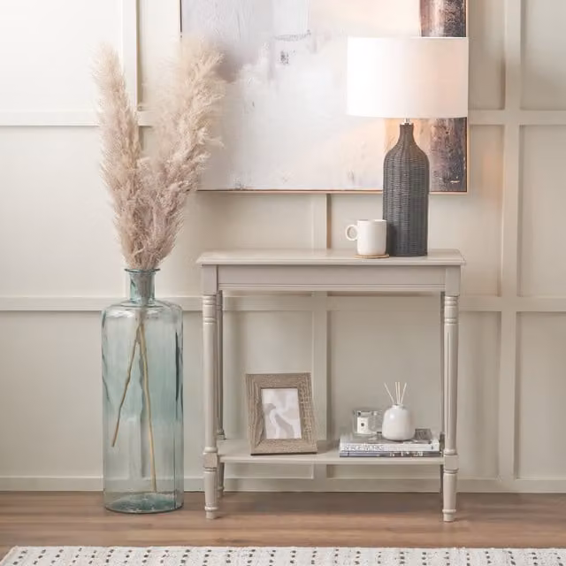 Pacific Lifestyle Heritage Rectangular Pine Wood Console Table with Shelf in Beige