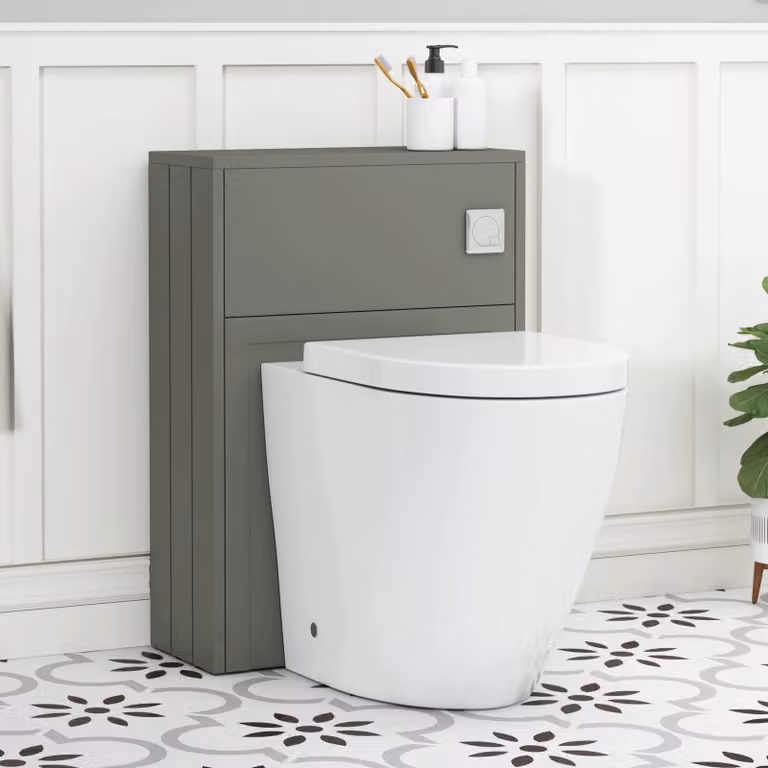 Royal Bathrooms Elmore Matt Green BTW WC Unit with Elva Rimless Short Projection Ceramic Toilet Pan, Seat and Cistern, Width: 55 cm