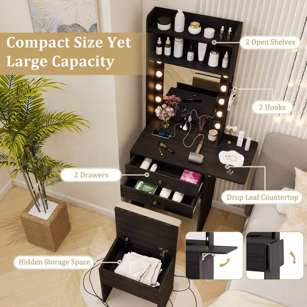 Gymax Small Makeup Vanity Desk and Dressing Table Set with Hollywood LED Lights and Storage Stool in Black – 7
