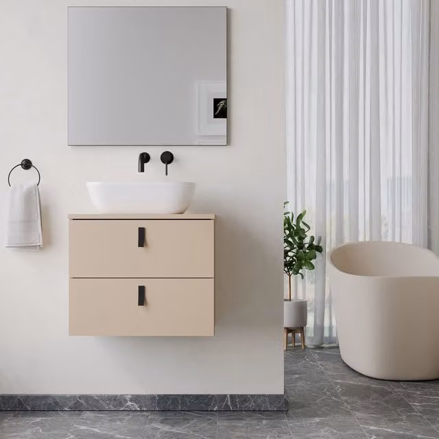 Banyetti Invicta 600mm Wall Hung Vanity with Matching Worktop, Cashmere in Beige