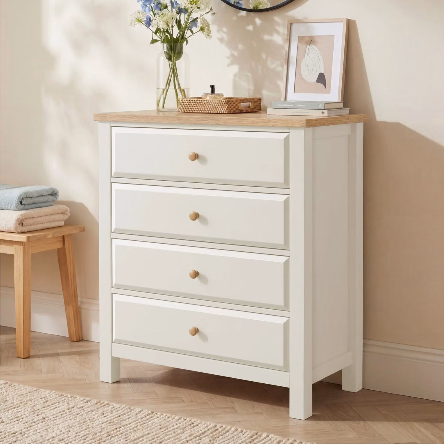 DHS Haven White Painted 4 Drawer Chest of Drawers with Oak Top