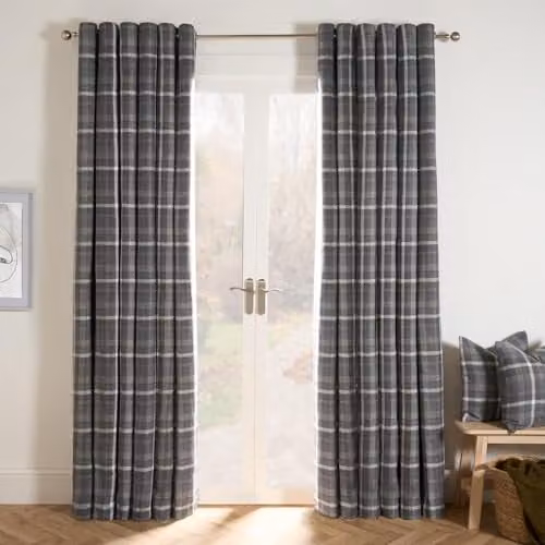 OHS Winsford Woven Check Blackout Curtains, Charcoal Grey Thermal Insulated Eyelet Curtains, 2 Panels – 1