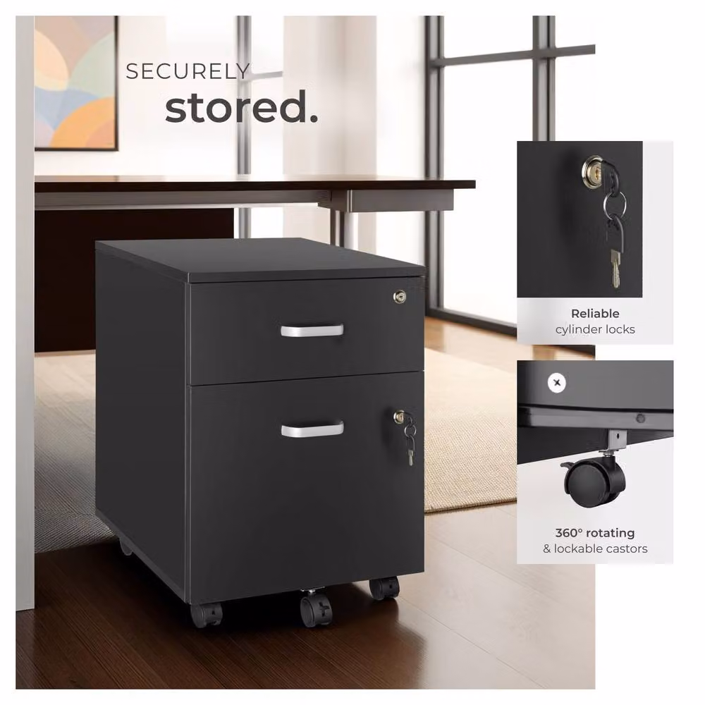 tectake Metal Filing Cabinet in Black with 2 Lockable Rolling Drawers for A4 Documents – 4