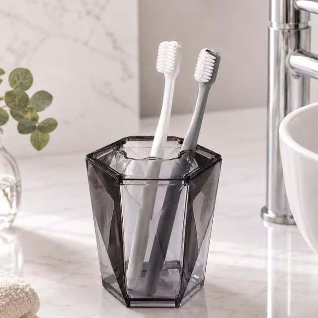Orsina 3D Geometric Blue and Grey Acrylic Toothbrush Holder with Tumbler, Freestanding Plastic Bathroom Accessory, W/D/H: 10 x 10 x 10 cm – 2