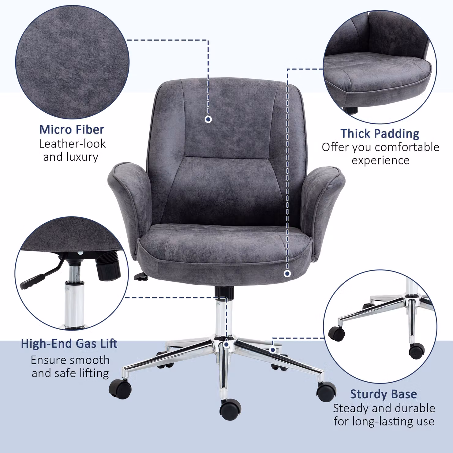 Vinsetto Grey Microfibre Swivel Executive Office Chair with Armrests and Castors – 4