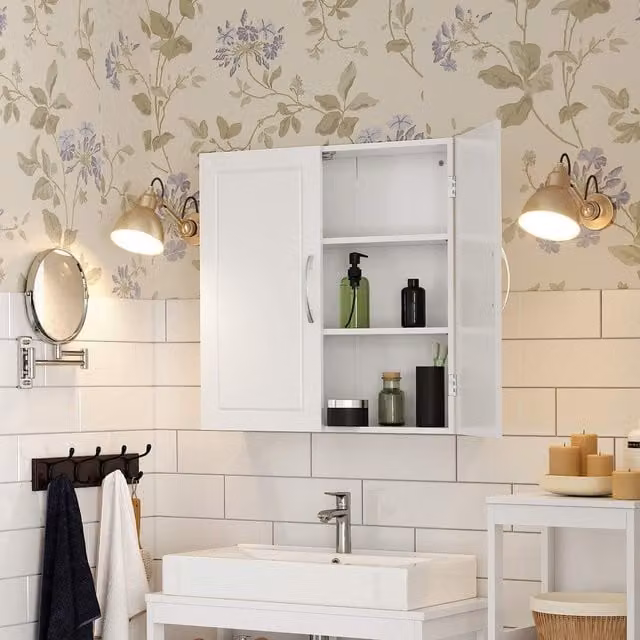 VASAGLE Wall Mounted White Bathroom Cabinet with Hinged Doors and Internal Shelves