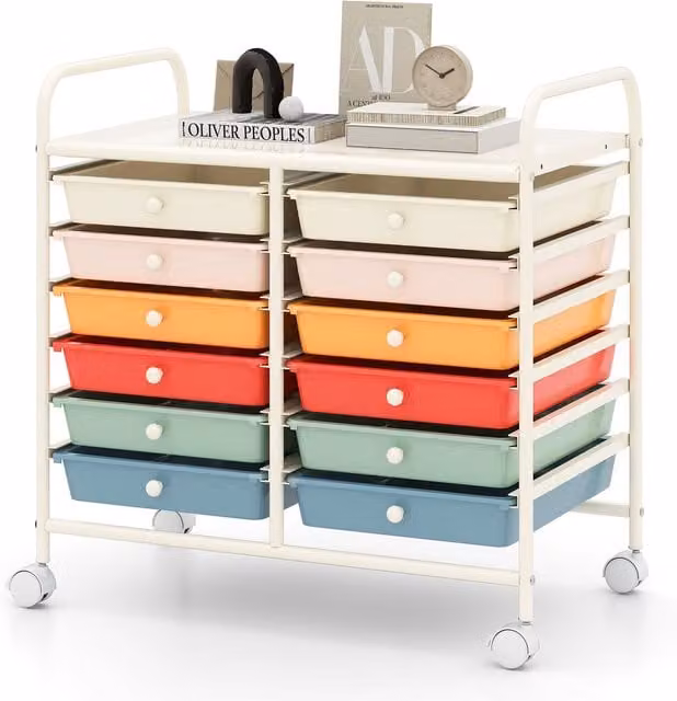 Gymax Multi-Purpose Utility Storage Rolling Cart with 12 Drawers and Handles, Multicolour Metal