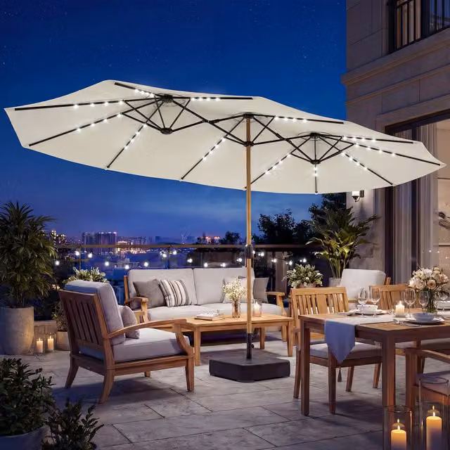 Outsunny 4.6m Double Sided Cantilever Garden Parasol with 48 LED Lights and Base, Cream