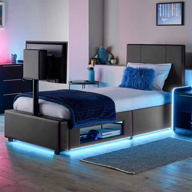 XR Living Ava Upholstered Single TV Bed with LED Lighting and Side Compartments in Grey