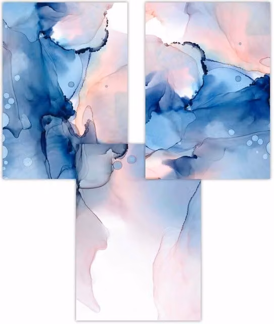ARTZE Set of 3 Pink and Blue Abstract Ink Art Paper Posters, W: 50 cm, H: 70 cm