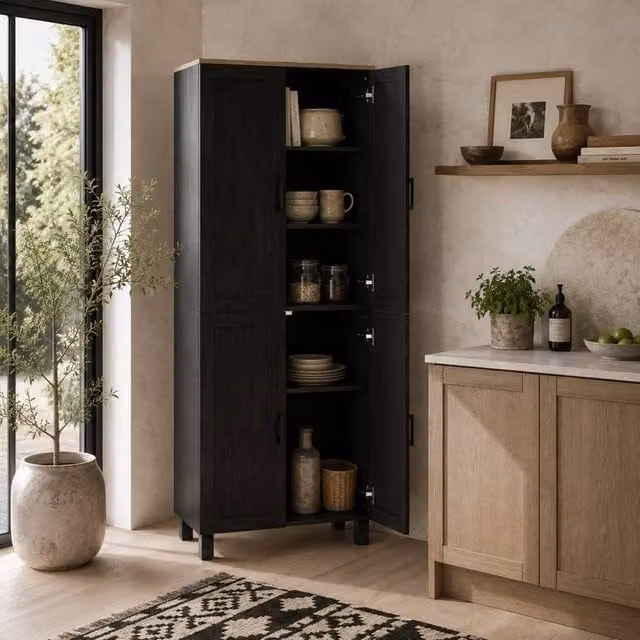 Wyld Haus Parare Black Wood Effect 4 Door Freestanding Kitchen Pantry Tall Unit H 170.5 x W 60 x D 30 cm