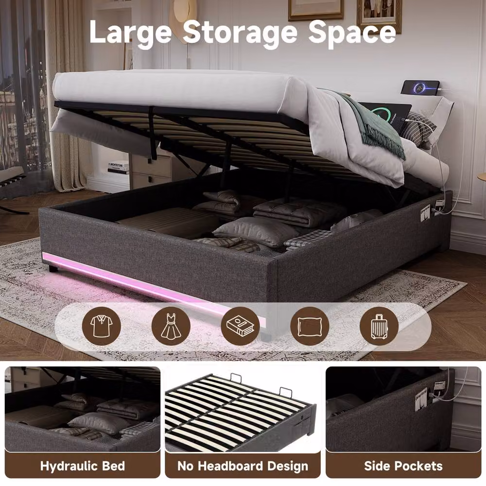 Matteo King Hydraulic Storage Bed in Grey Linen with LED Lights and USB Charging Port, 180 x 200 cm – 5