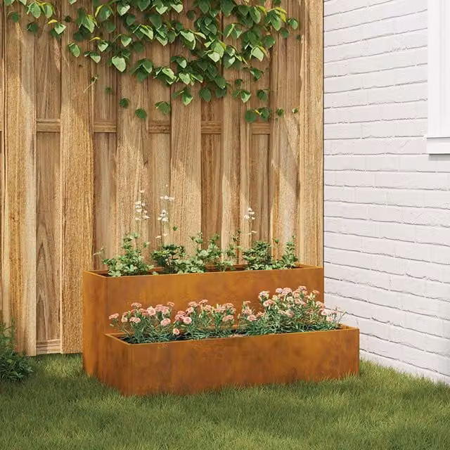 Berkfield Home 2-Tier Garden Planter Tub in Brown Weathering Steel, W: 100 cm, D: 60 cm, H: 45 cm