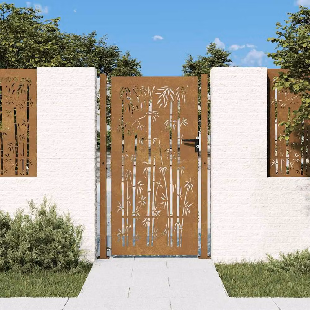 Berkfield Home Garden Gate in Brown Corten Steel with Bamboo Design, W: 105 cm, H: 205 cm – 2
