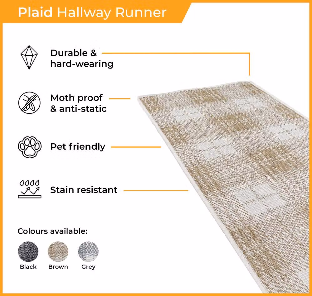 runrug Plaid Carpet Runner Rug in Black, Reversible and Stain Resistant, W: 60 cm, L: 270 cm – 3