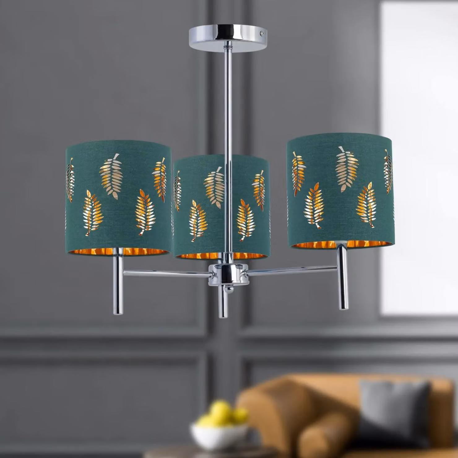 First Choice Lighting Brea Set of 2 Chrome 3 Light Ceiling Fittings with Dark Green Fabric Fern Shades – 4
