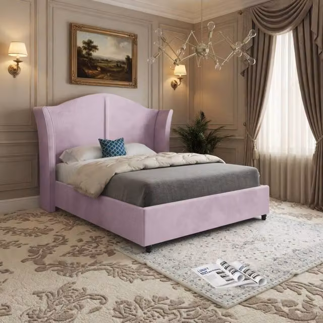 KDMD Wiggonholt Curved Winged Upholstered Bed Frame in Pink Soft Velvet, Size: Double (140 x 200 cm)