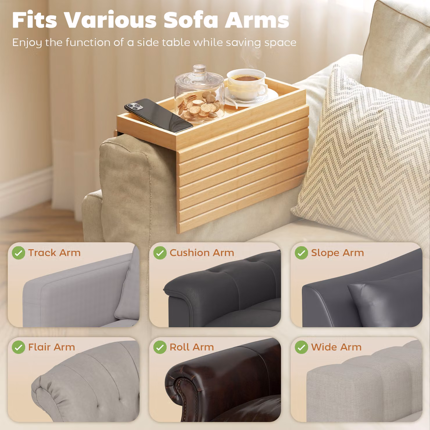 HOMCOM Bamboo Sofa Arm Tray, Foldable Anti-Slip Armrest Tray in Brown with Natural Wood Finish – 2