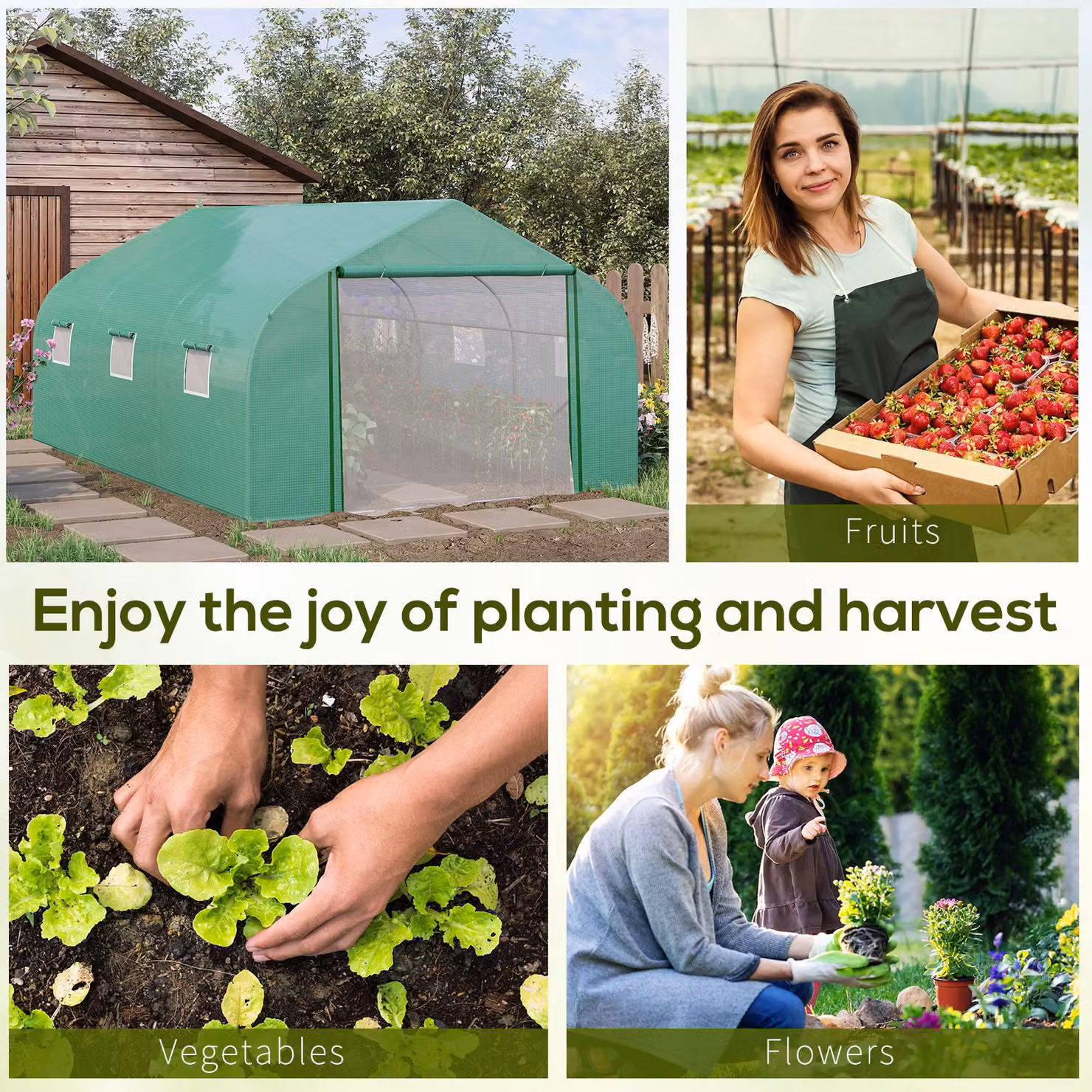 Outsunny Green Polytunnel Plastic Greenhouse with Steel Frame, 6 Windows and Roll-Up Door for Outdoor Plant Growing, W/D/H: 300 x 200 x 300 cm – 2