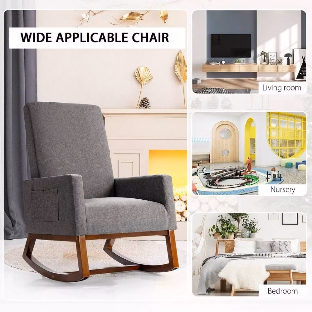VOGREX Modern Upholstered Rocking Chair with Grey Fabric and Solid Rubberwood Base – 5