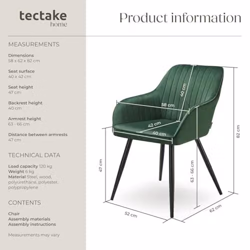 tectake Dining Chair with Quilted Velvet-Look Cover and Armrests in Dark Green and Black – 3