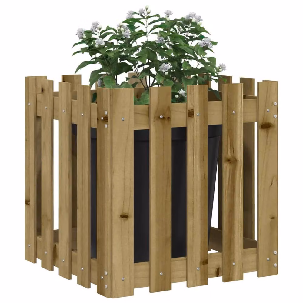 Berkfield Home Garden Planter with Fence Design in Brown, Impregnated Pine Wood, W/D/H: 50 x 50 x 50 cm – 3