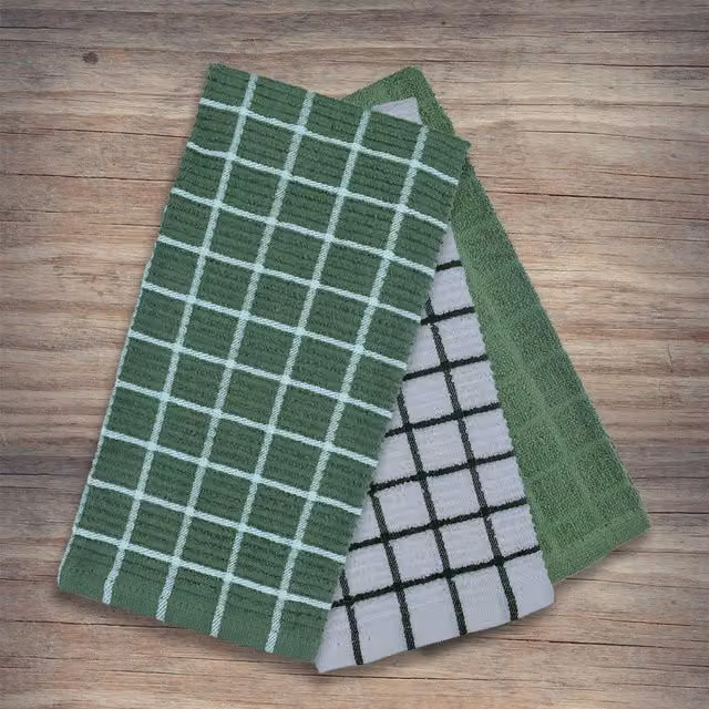 Kitchen Trends 3 Pack Highly Absorbent Checked Cotton Tea Towels in Green