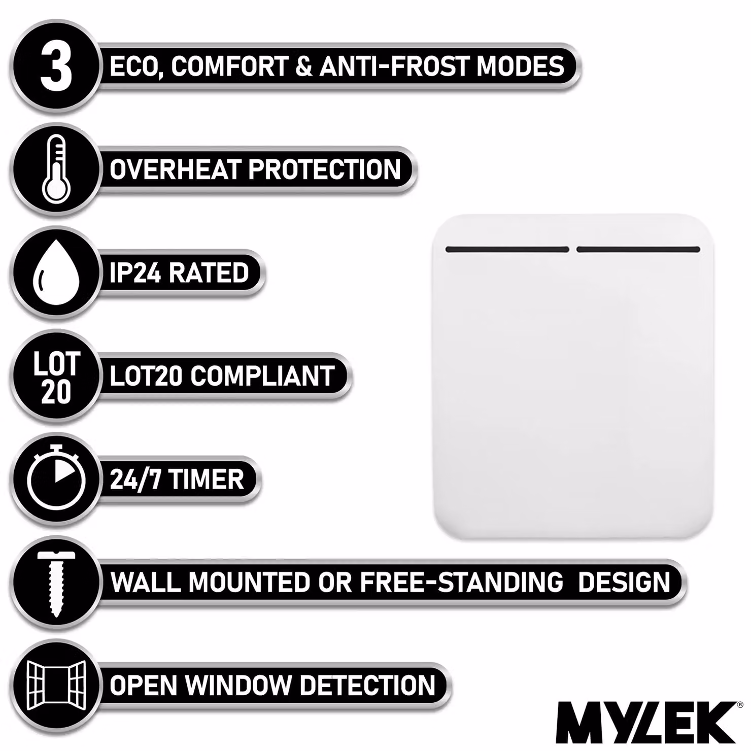 MYLEK 500W Electric Panel Convector Heater with 24/7 Timer and Thermostat, White – 2