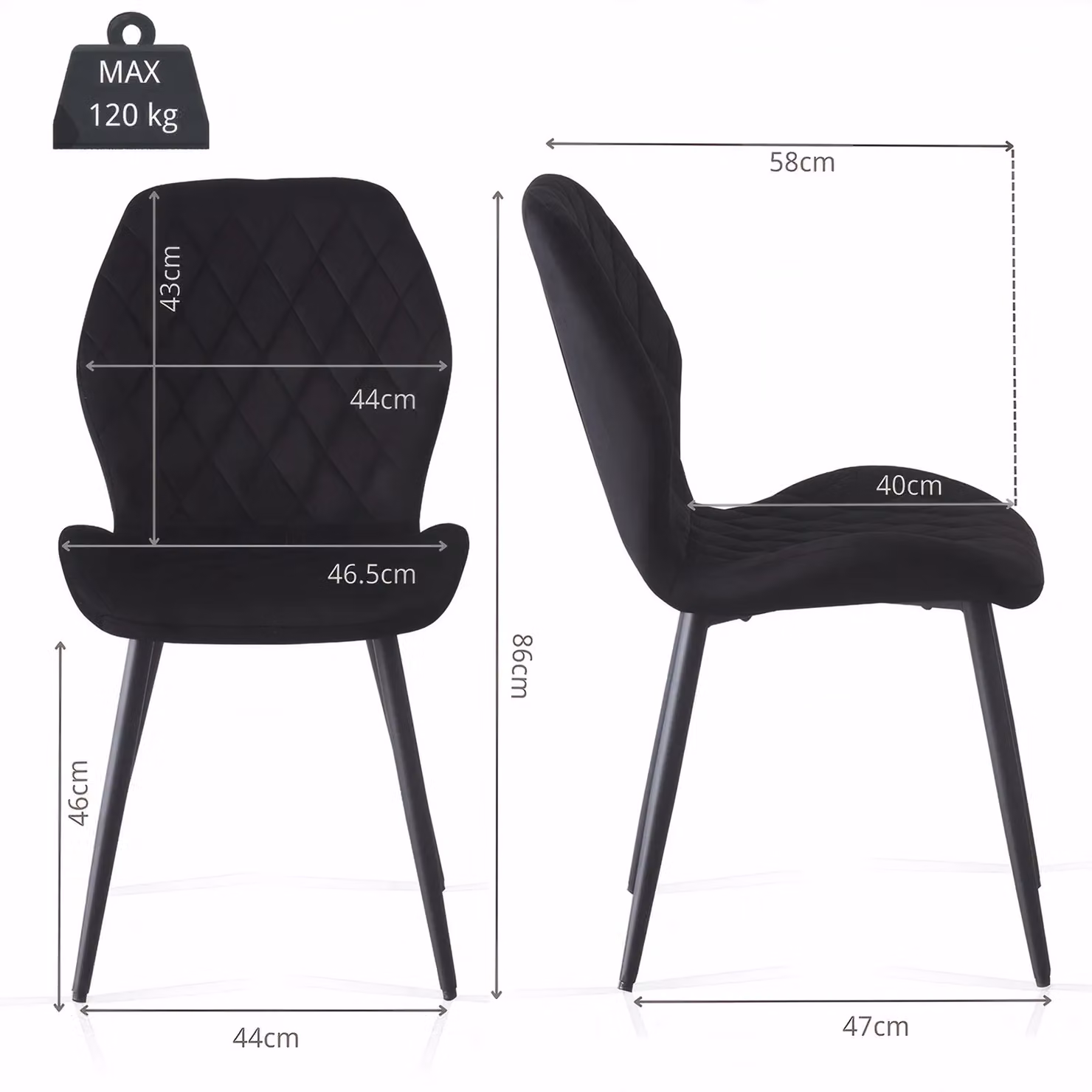 SONARA Modern Velvet Dining Chairs Set of 2 in Black with Ergonomic Curved Backrest and Metal Legs – 3
