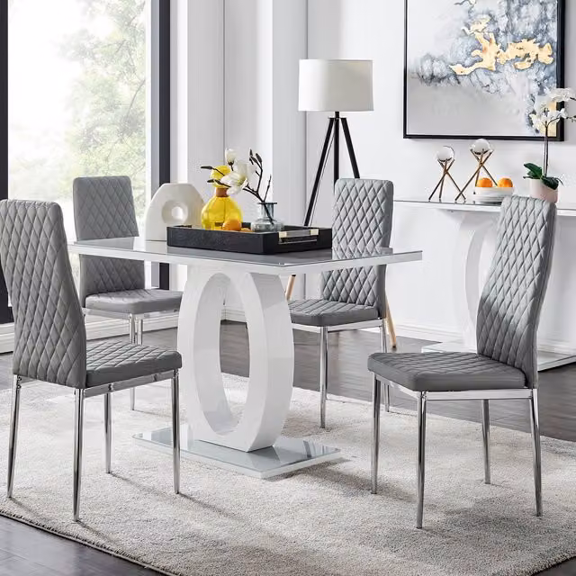 FurnitureboxUK Giovani Modern High Gloss and Glass Rectangular Dining Table and 4 Milan Chairs Set in Grey and White, W/D/H: 120 x 70 x 70 cm