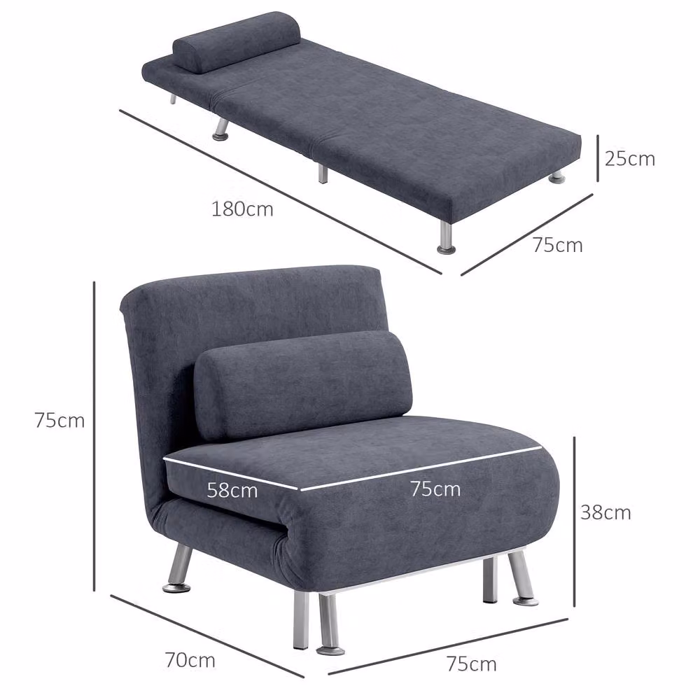 STILVORA 3-in-1 Grey Velvet Sleeper Chair Bed with Metal Frame and Armrests – 4