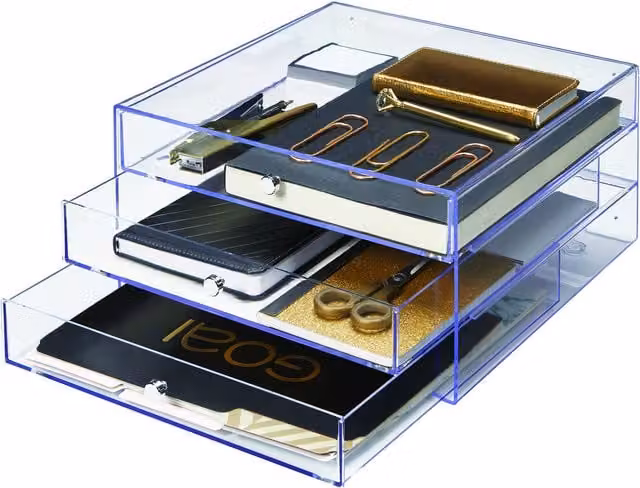 Deflecto Large 3 Drawer Multi-Compartment Organiser in Transparent Plastic