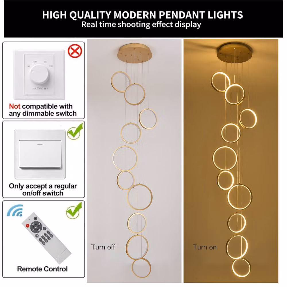 NIVOR 10 Ring LED High Ceiling Chandelier in Gold with Remote and Dimmable Control – 3