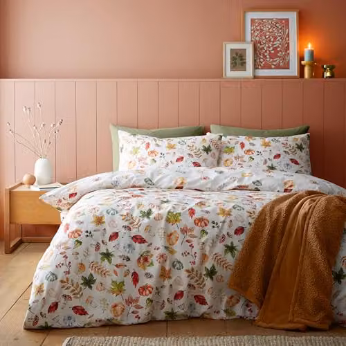 Catherine Lansfield Autumn Pumpkins Reversible Double Duvet Cover Set with Pillowcases, Orange and Multicolour, W/D/H: 200 x 200 cm, Pillowcase: 50 x 75 cm – 1