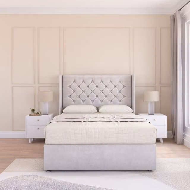 Sloomy Dior Wing Bed Set in Silver Plush Velvet with Ortho Sprung Mattress and 54 inch Floor Standing Headboard, Small Single