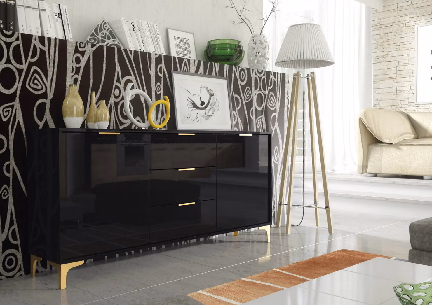 Creative Furniture Goldline Gloss Sideboard in Black and Gold, W: 140 cm, H: 80 cm, D: 35 cm – 2